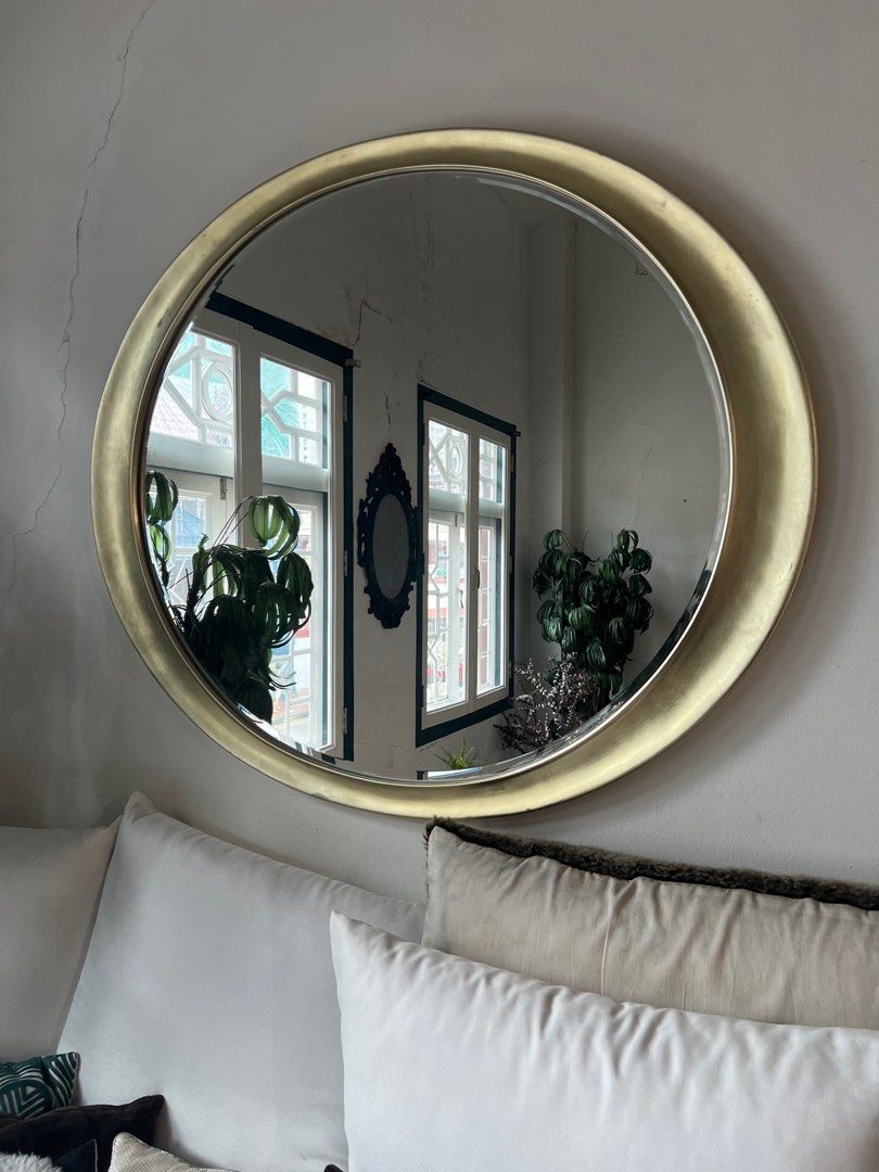 Vintage Large Round Bronze Gold Wall Mirror, Furniture & Home Living