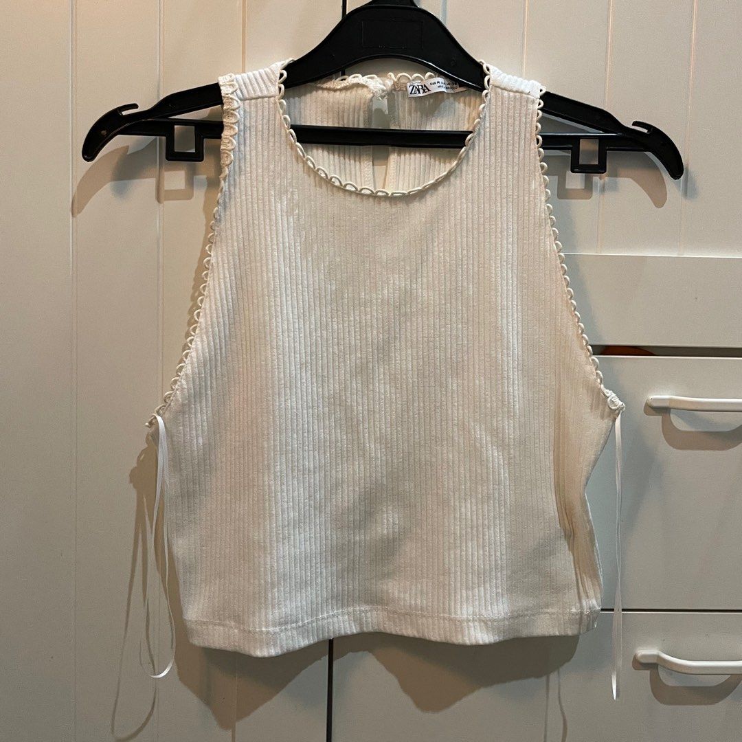 Zara White Crop Tank Top, Fesyen Wanita, Pakaian Wanita, Atasan di