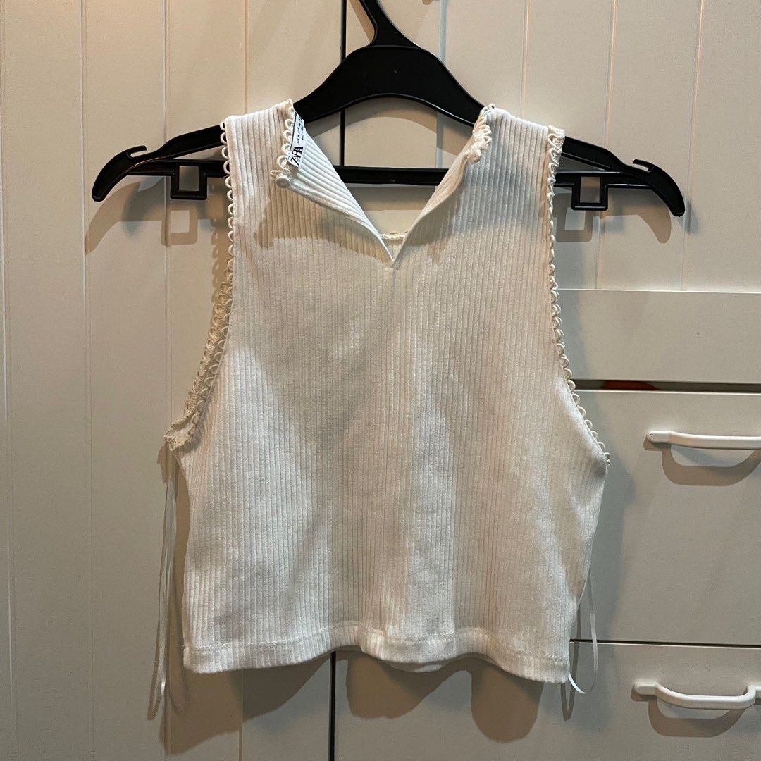 Zara White Crop Tank Top, Fesyen Wanita, Pakaian Wanita, Atasan di