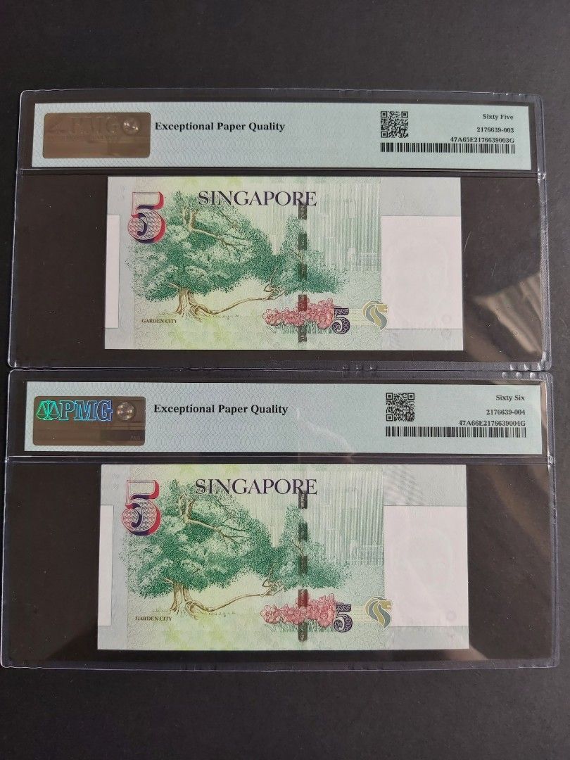 368853 2x identical LHL signed $5 Singapore currency five dollars portrait  paper old banknote note,新加坡纸质五元钞票李显龙签名两张同号,无0,14,7, PMG66/65 EPQ,3H3T,  Hobbies & Toys, Memorabilia & Collectibles, Currency on Carousell