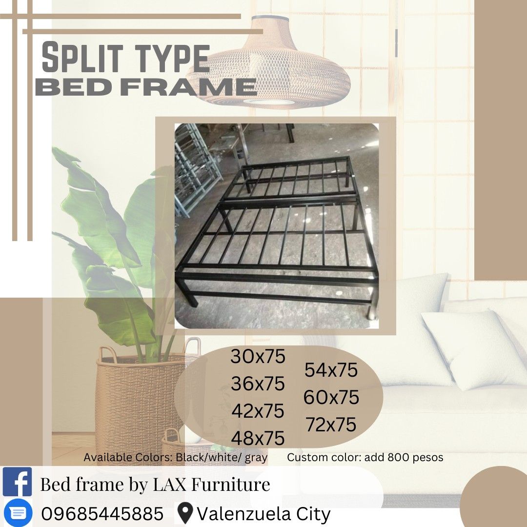 Bed frame (Category: Bed Frames & Mattresses) located in Valenzuela. Submitted by lax_furniture (Listing ID 1205623450, Image 1). Description: Price starts at PHP 4,000✅ ❗We are offering high quality bed frames, loft bed, double deck, triple deck, metal split type and sofa bed. 📍high quality materials 📍durable 📍G.I. tubular 📍Heavy duty 📍Hindi tinipid sa welding 📍Available in 3 colors :black, white, and gray :For custom colors just add 800 p