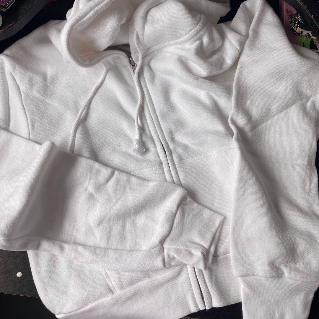 Brandy Melville White Crop Fleece Zip-up Crystal Hoodie Sweater Jacket READ