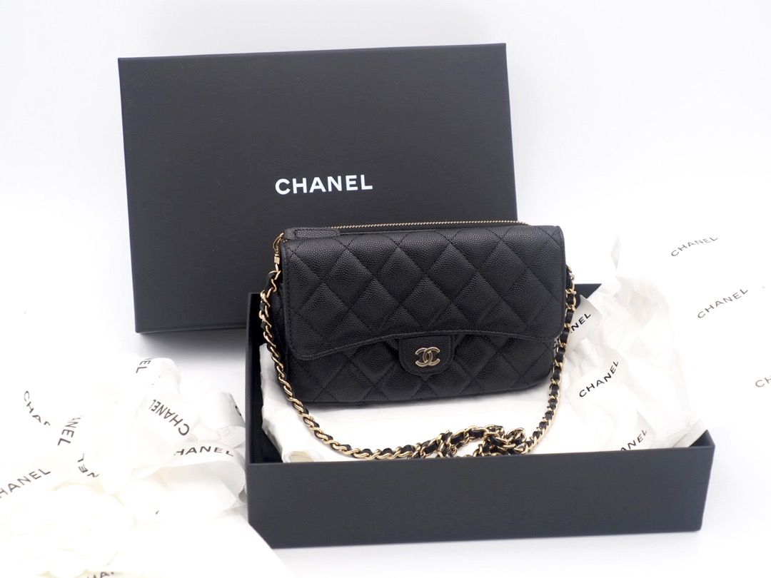 Chanel Black Caviar Classic Flap Phone Holder with Chain Gold Hardware  (U8UTGLT6)