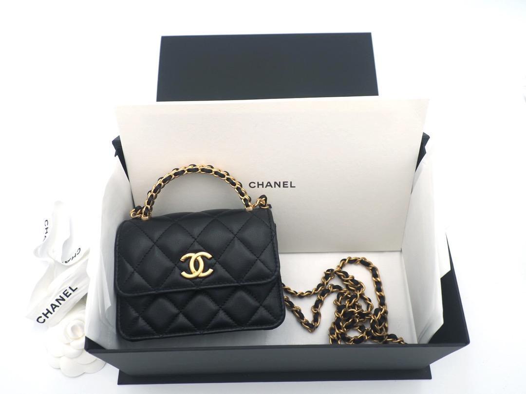 Rare Vintage Chanel Black Lambskin Mini Kelly handle bag