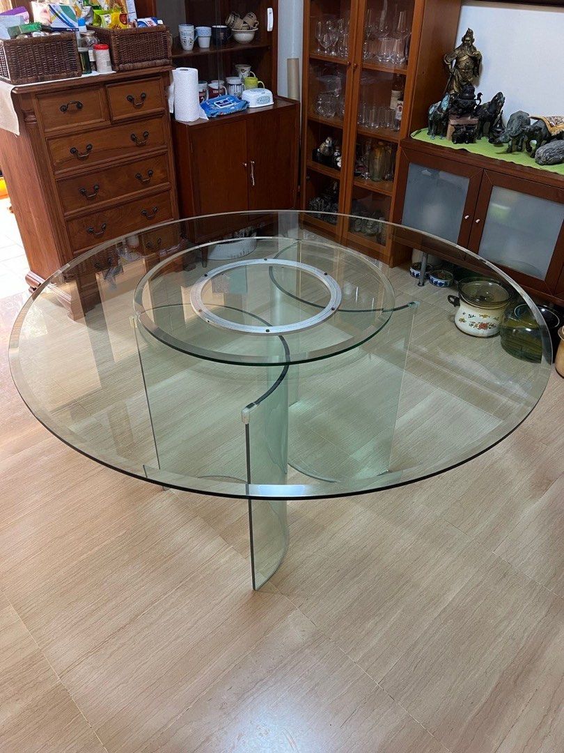Glass dining table with lazy susan, Furniture & Home Living, Furniture