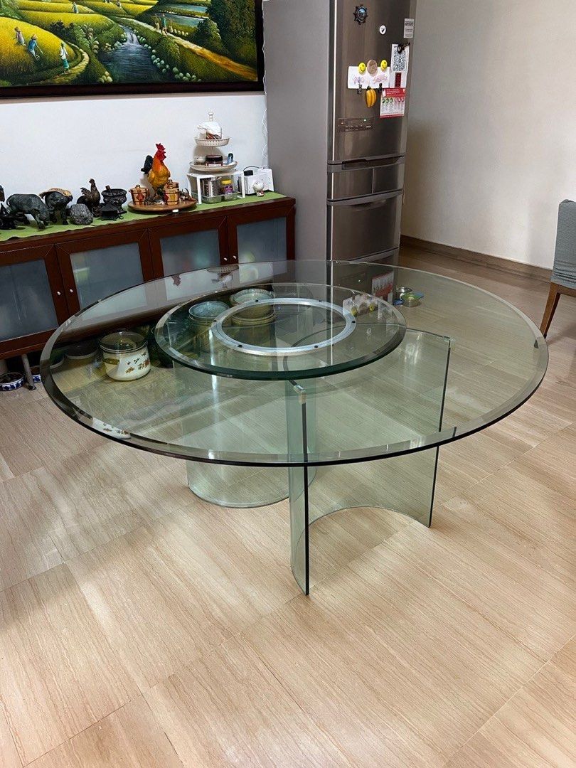 Glass dining table with lazy susan, Furniture & Home Living, Furniture