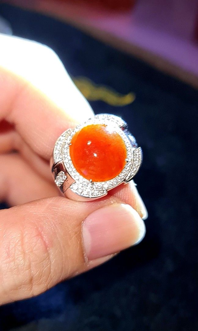 Grade A radiant Red jadeite with zirconia on 18k white gold plated S925 silver mens ring