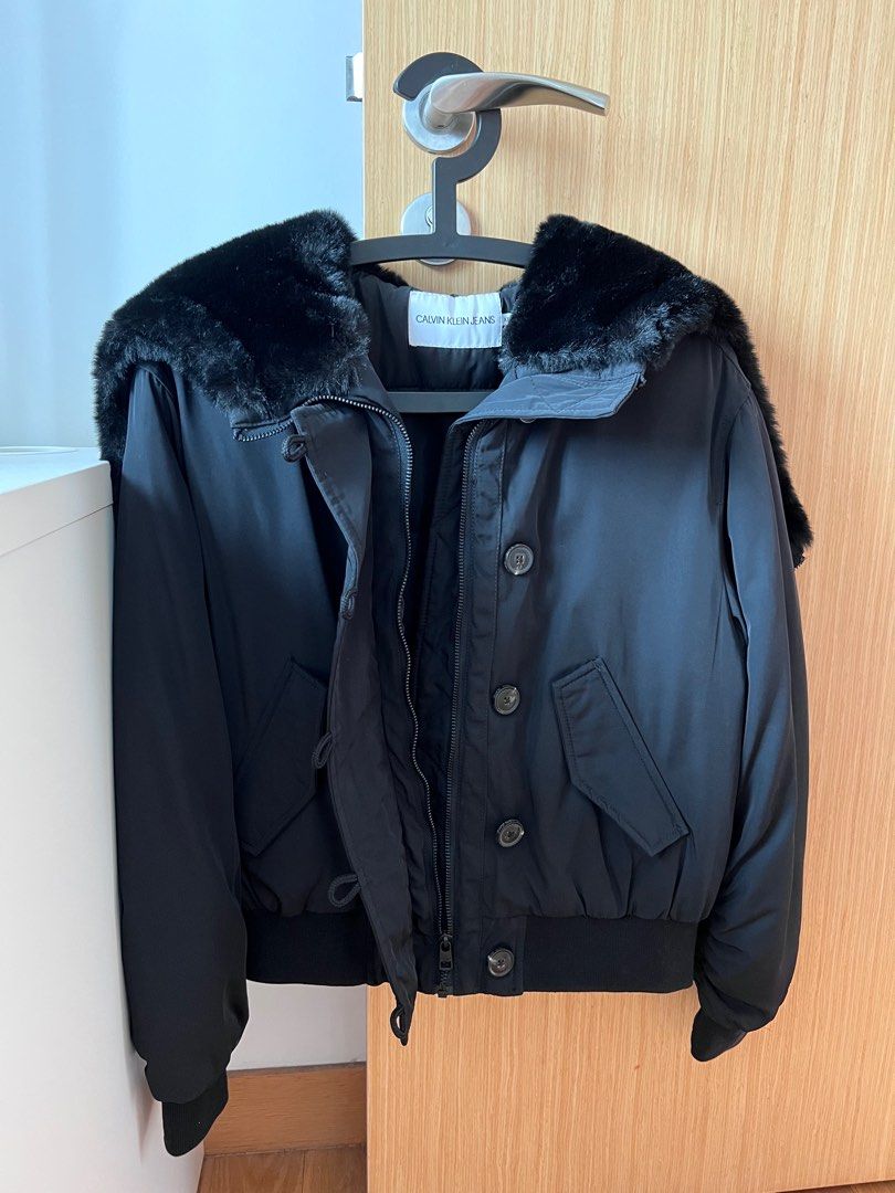 LN Authentic Calvin Klein Jeans CKJ Black Bomber Winter Jacket Outerwear with Hoodie