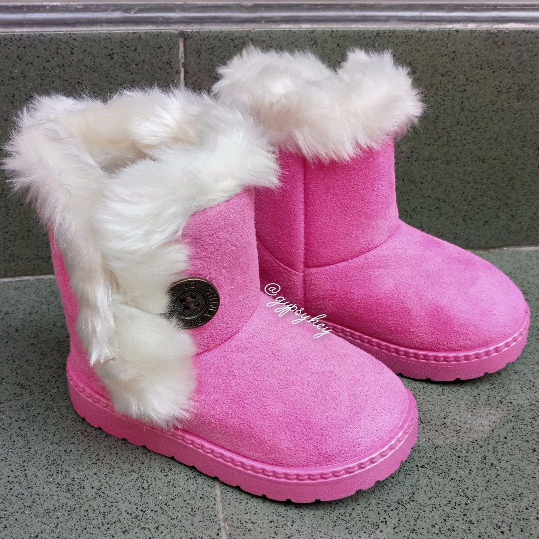 Size 27 NEW Kids Winter Boots Pink Button Fur Snow Shoes Sepatu Bulu Hangat  Kancing