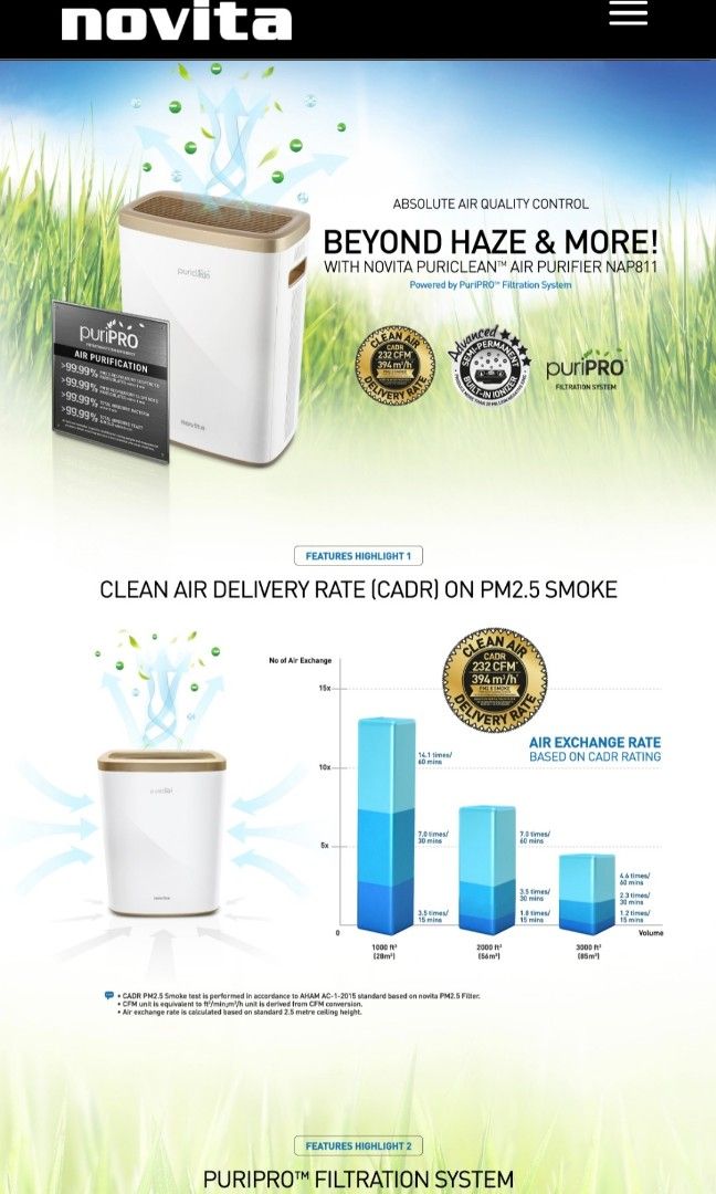 Novita Puri Clean Air Purifier with 24 months filter pack, TV & Home Appliances, Air Purifiers