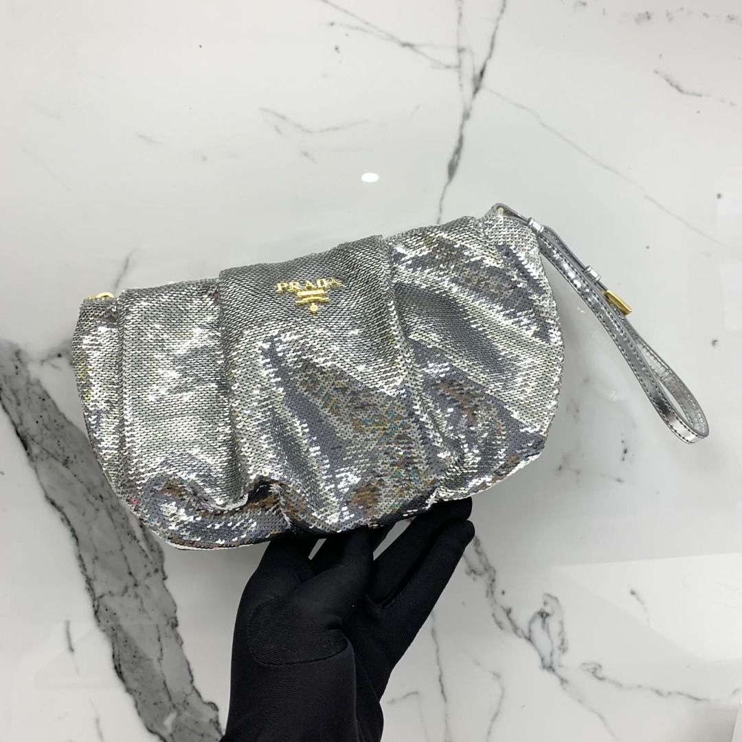 PRADA 1N1422 SILVER SEQUIN TESSUTO BOW CLUTCH BAG 227034834 EK