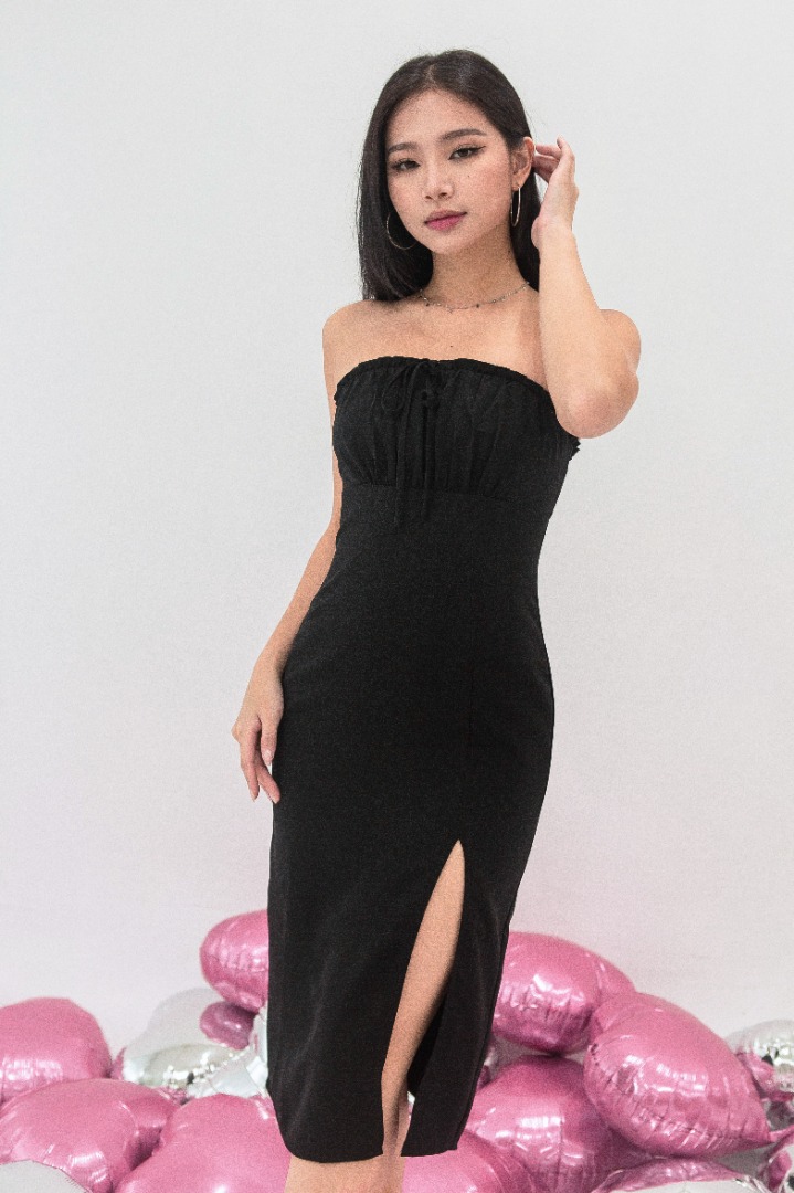 Raylene Ruffle Tube Midi Dress Black Mikayla, Women's Fashion, Dresses ...