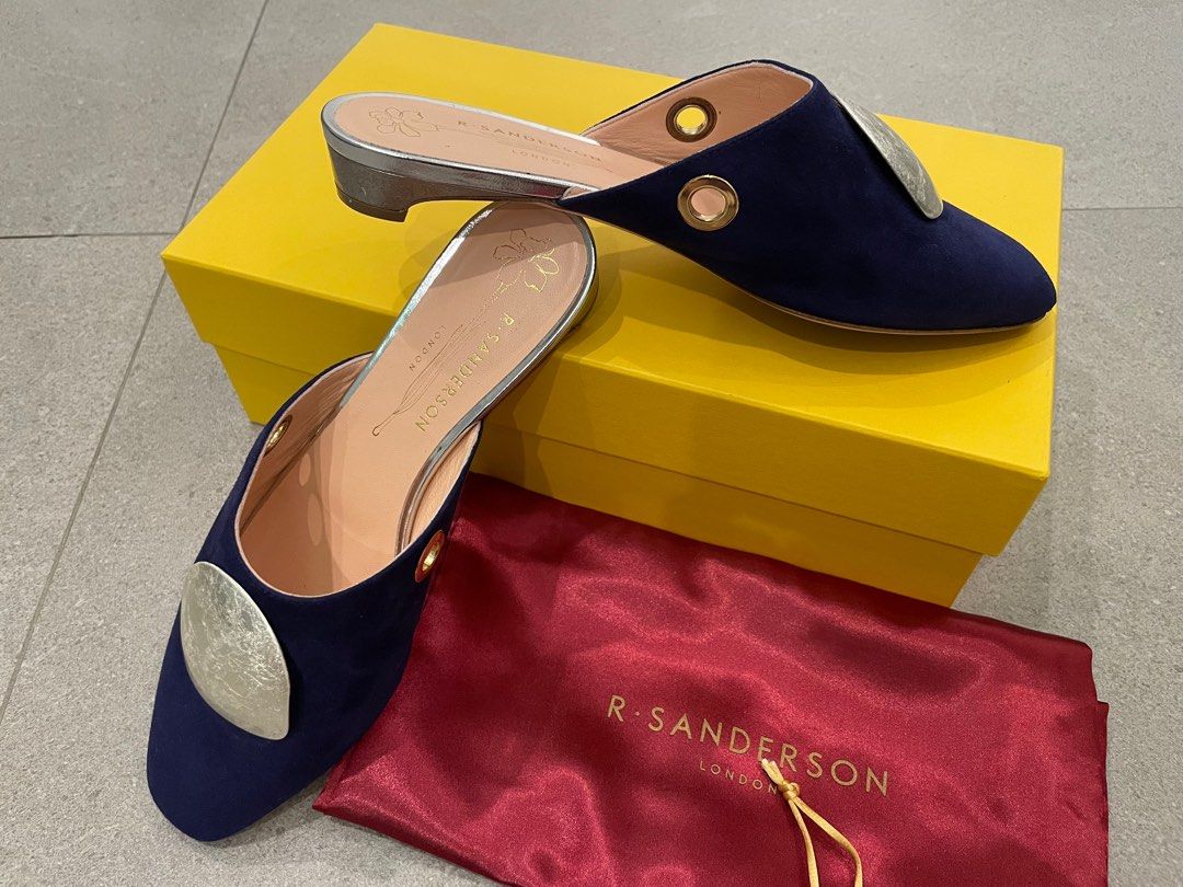 Rupert Sanderson Sauvereign Moira Grey Gold Midnight Blue Suede with white gold pebble mules slippers shoes Carousell