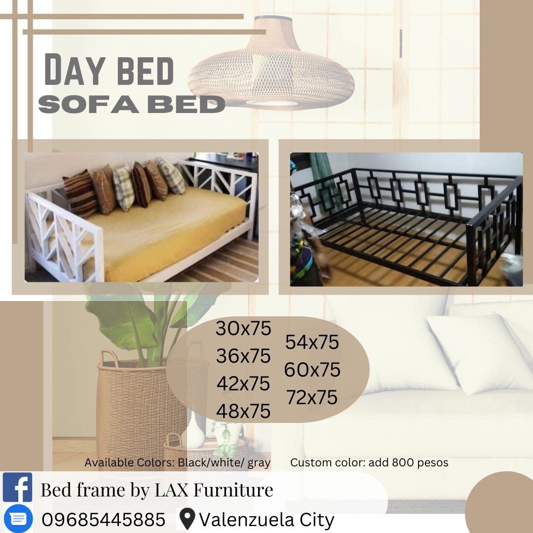 Sofa bed (Category: Bed Frames & Mattresses) located in Valenzuela. Submitted by lax_furniture (Listing ID 1205629420, Image 1). Description: Price starts at PHP 6,000✅ ❗We are offering high quality bed frames, loft bed, double deck, triple deck, metal split type and sofa bed. 📍high quality materials 📍durable 📍G.I. tubular 📍Heavy duty 📍Hindi tinipid sa welding 📍Available in 3 colors :black, white, and gray :For custom colors just add 800 pe