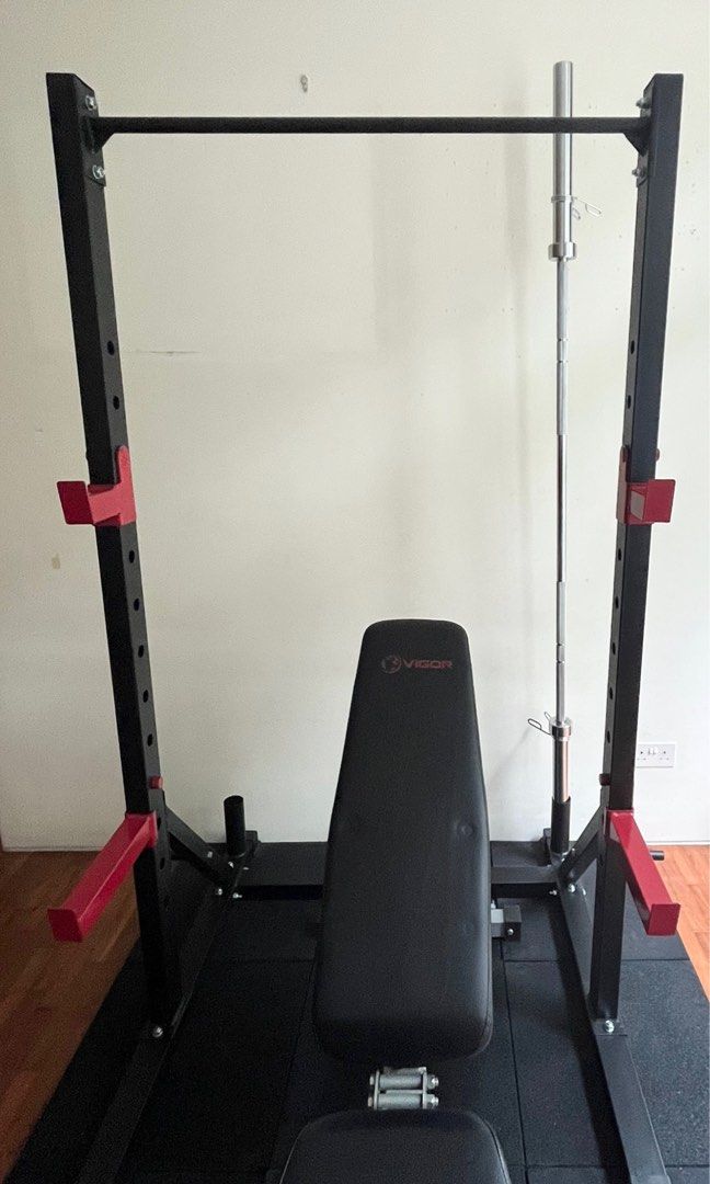 Squat rack, bench, Olympic bar and weights, Sports Equipment, Exercise
