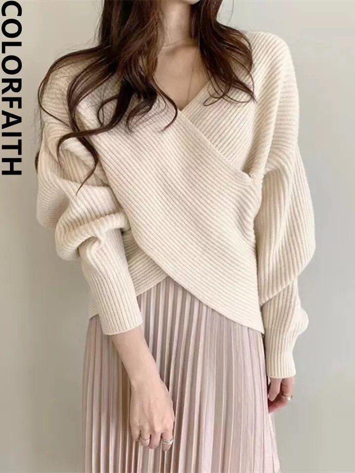 Colorfaith New 2022 Chic Korean Fashion V Neck Cross Elegant Wild