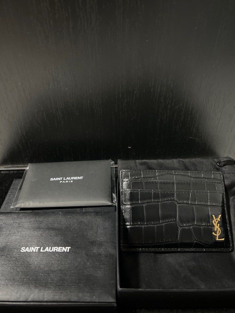 Saint Laurent Monogram Card Case Crocodile Embossed Leather Black