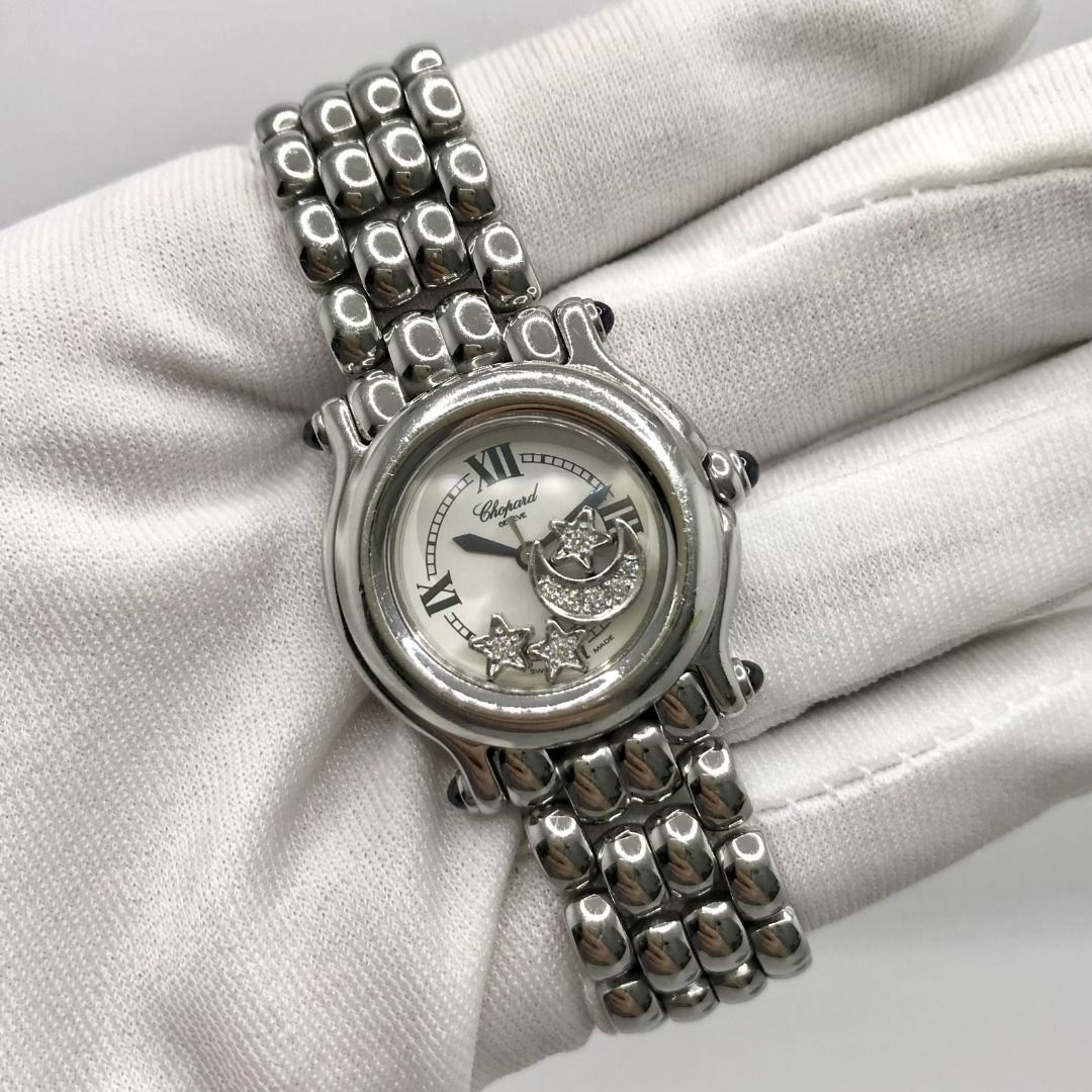 CHOPARD 27 8250 23 HAPPY SPORT MOON 3 STARS WHITE SHELL DIAMOND QUARTZ LADIES WATCH 227036040 SI