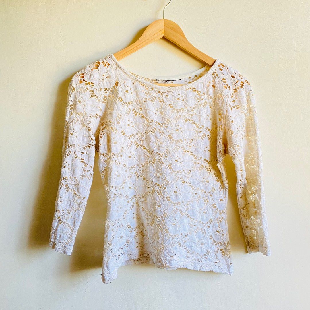 Cream White Eyelet Lace Top, Women's Fashion, Tops, Longsleeves on
