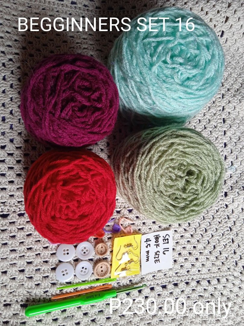 crochet beginners set tools (Category: Handmade Craft) located in Manila. Submitted by gracecrochetingthing (Listing ID 1205660815, Image 2). Description: Beginners set is now available at grace crocheting thing. SET IN: *2-3 KINDS OF YARN BALL *1 SIZE OF CROCHET HOOK *2 PCS. TAPESTRY NEEDLE *5 PCS. SAFETY YARN PIN *4 PCS. BUTTON *2 PCS. HANDMADE LABEL *2 PAIRS DIY EARINGS. ONLY P230.00 PM ME FOR MORE AVAILABILTY OF EACH GANTSILYO BEGINNERS SET..