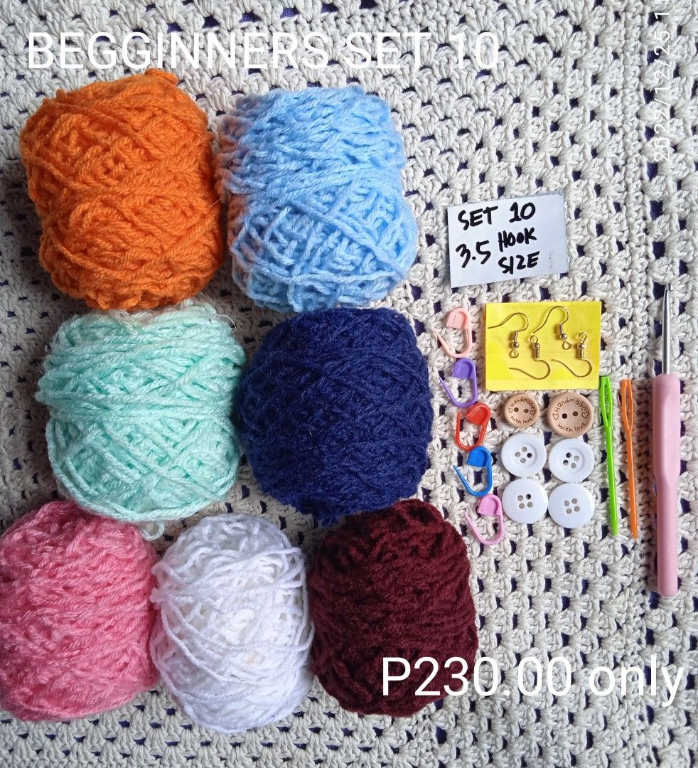 crochet beginners set tools (Category: Handmade Craft) located in Manila. Submitted by gracecrochetingthing (Listing ID 1205660815, Image 1). Description: Beginners set is now available at grace crocheting thing. SET IN: *2-3 KINDS OF YARN BALL *1 SIZE OF CROCHET HOOK *2 PCS. TAPESTRY NEEDLE *5 PCS. SAFETY YARN PIN *4 PCS. BUTTON *2 PCS. HANDMADE LABEL *2 PAIRS DIY EARINGS. ONLY P230.00 PM ME FOR MORE AVAILABILTY OF EACH GANTSILYO BEGINNERS SET..