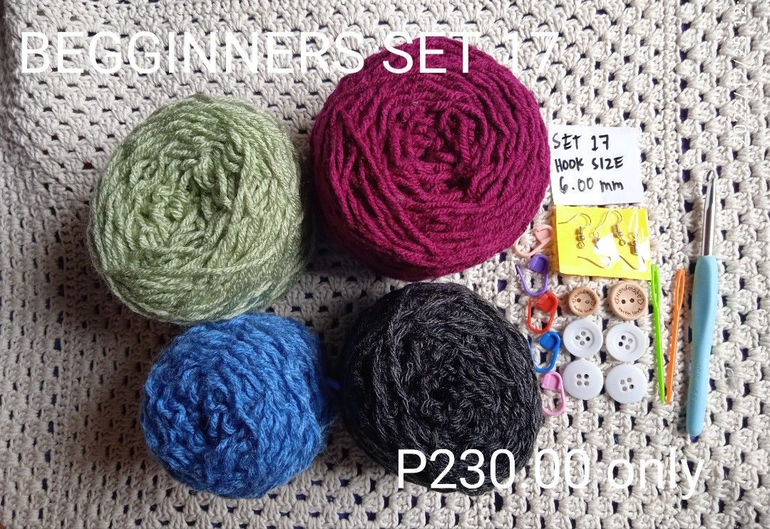 crochet beginners set tools (Category: Handmade Craft) located in Manila. Submitted by gracecrochetingthing (Listing ID 1205660815, Image 3). Description: Beginners set is now available at grace crocheting thing. SET IN: *2-3 KINDS OF YARN BALL *1 SIZE OF CROCHET HOOK *2 PCS. TAPESTRY NEEDLE *5 PCS. SAFETY YARN PIN *4 PCS. BUTTON *2 PCS. HANDMADE LABEL *2 PAIRS DIY EARINGS. ONLY P230.00 PM ME FOR MORE AVAILABILTY OF EACH GANTSILYO BEGINNERS SET..