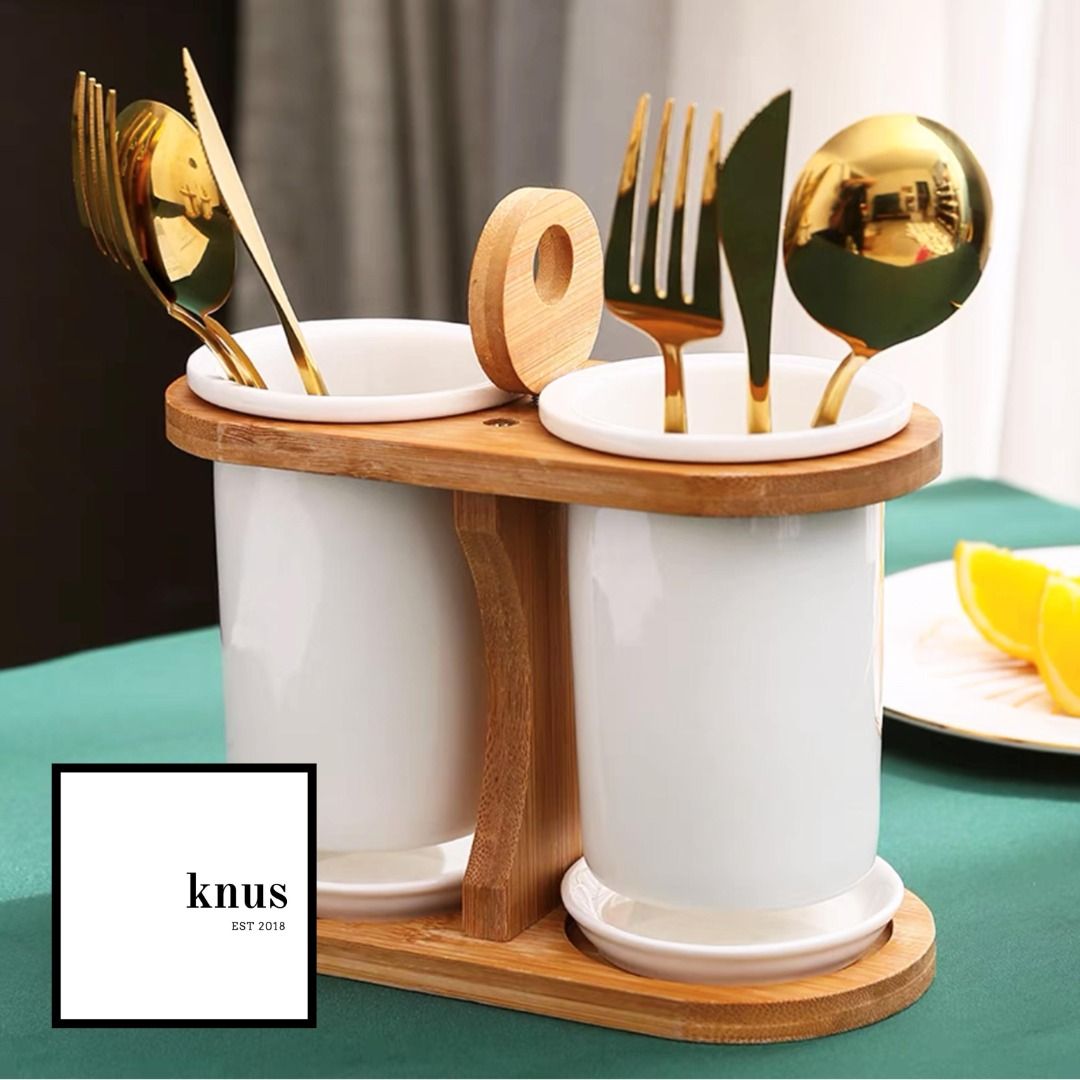 Cutlery Holder Ceramic Bamboo Rack Caddy spoon fork knife tableware