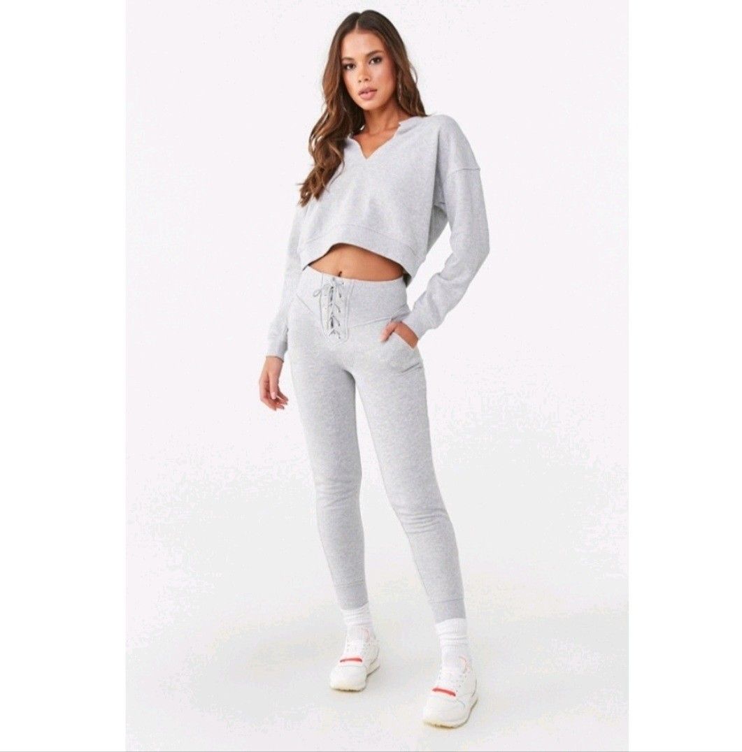 Forever 21 Lace Up high waist Jogger Pants BNWT White Gray Women s Fashion Bottoms Jeans on Carousell