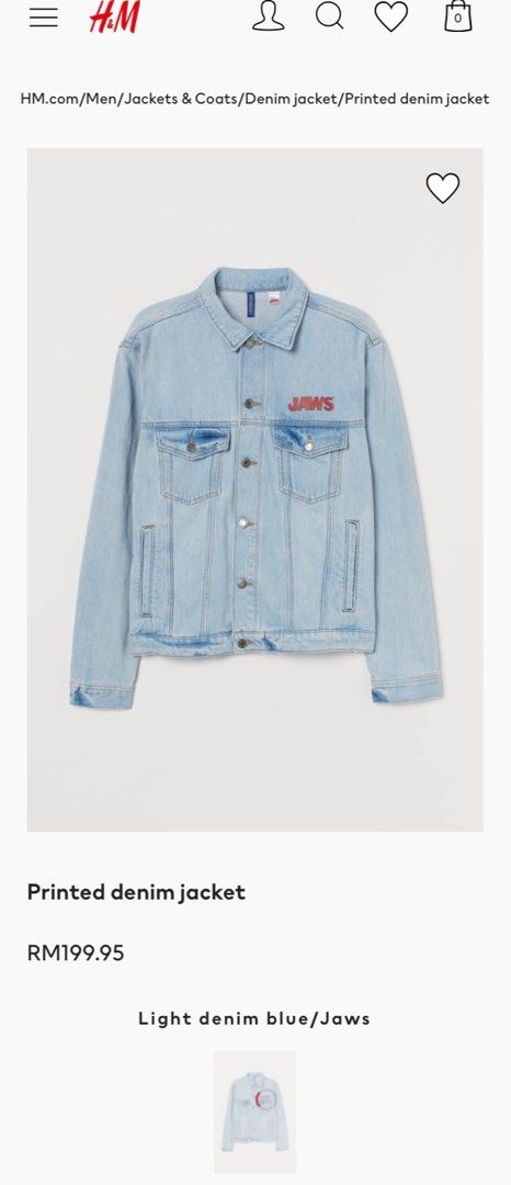 H M x JAWS printed denim jacket S to XL READY STOCK Men s