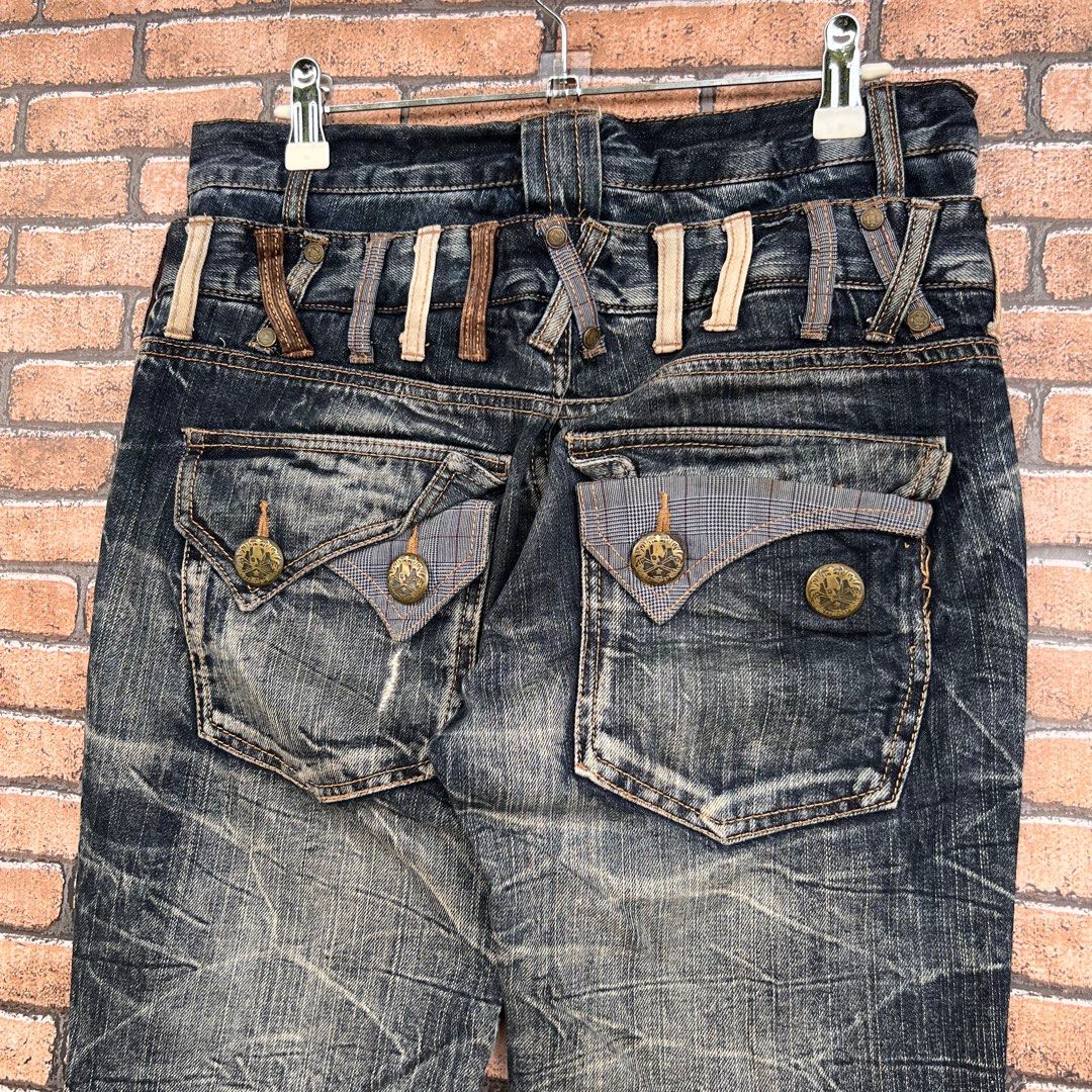 Japanese Brand Double Waist Jeans Crazy Fades, Men's Fashion
