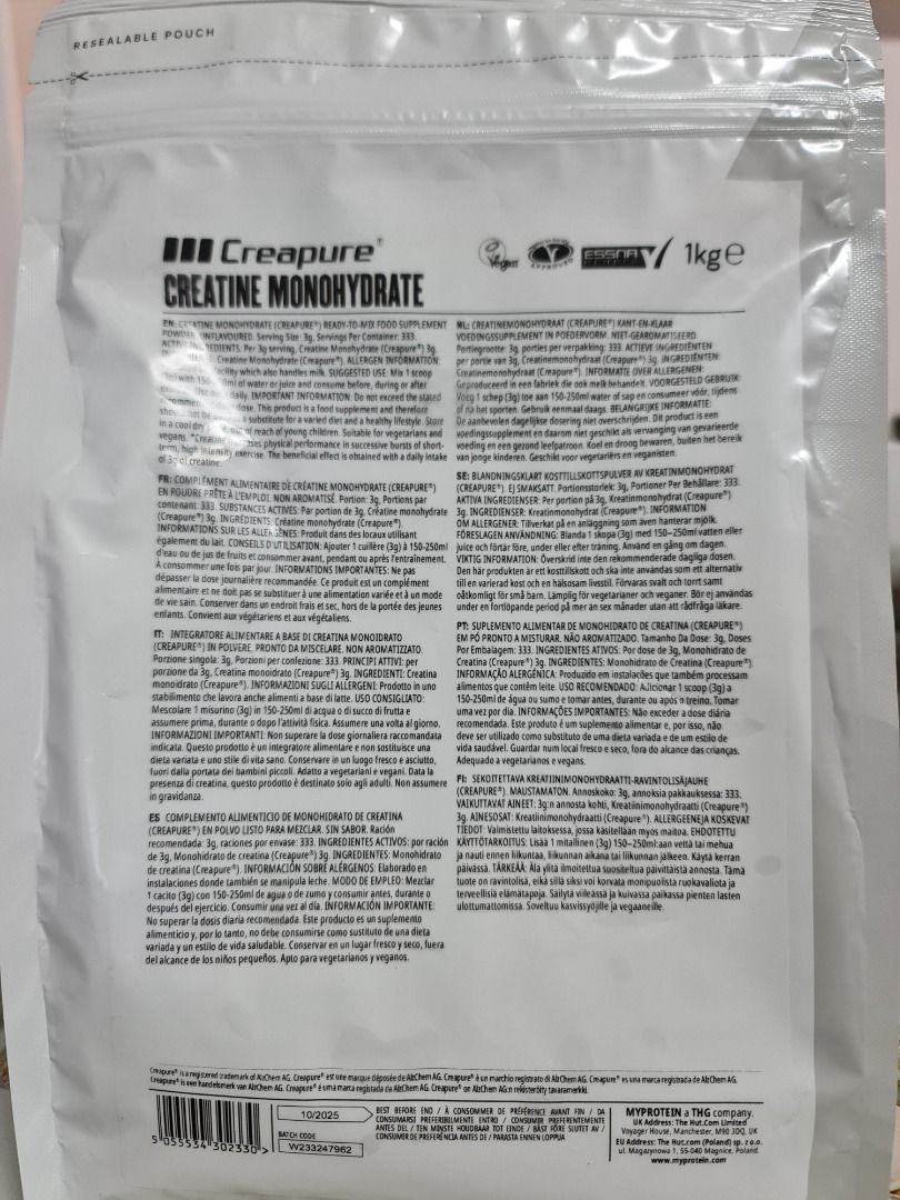 Myprotein Creapure® Creatine Powder 1kg Unflavoured, Health ...
