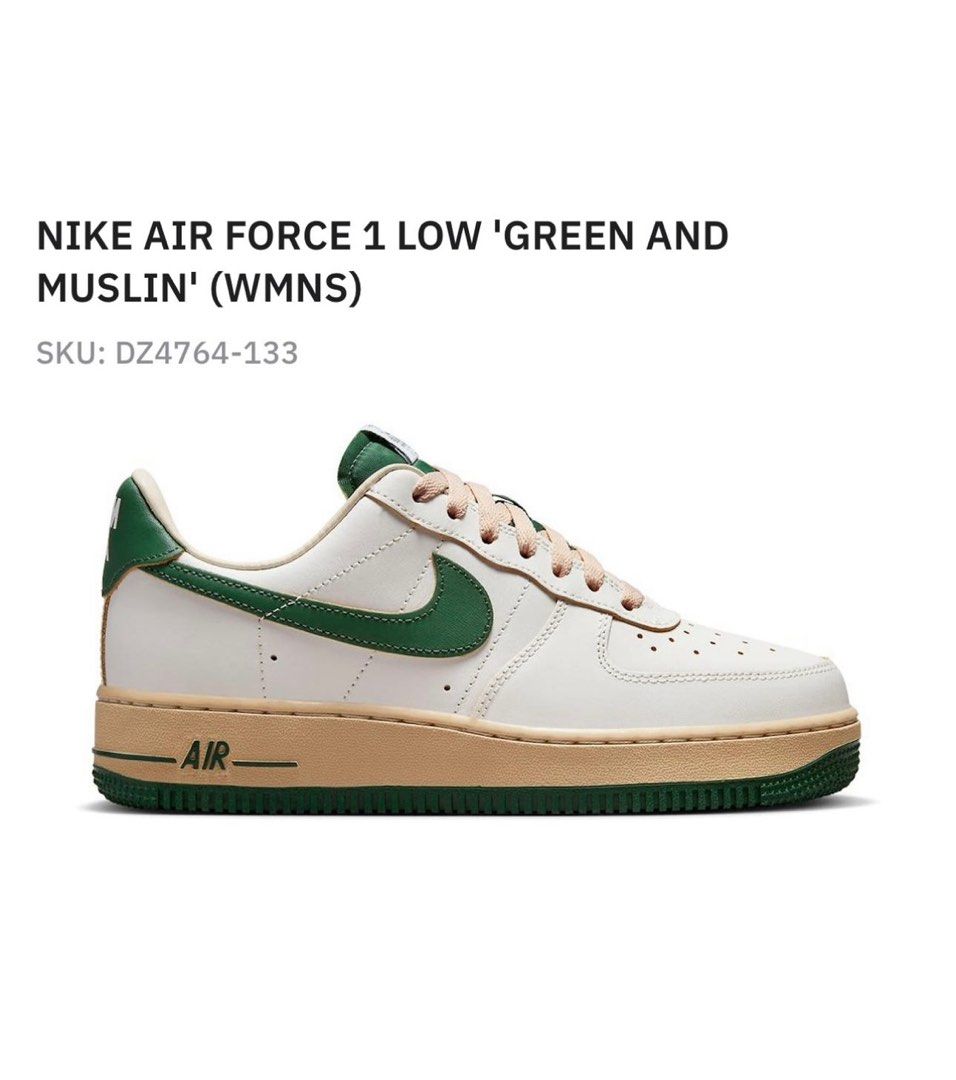 Nike Air Force 1 Low Green and Muslin, Women's Fashion, Footwear
