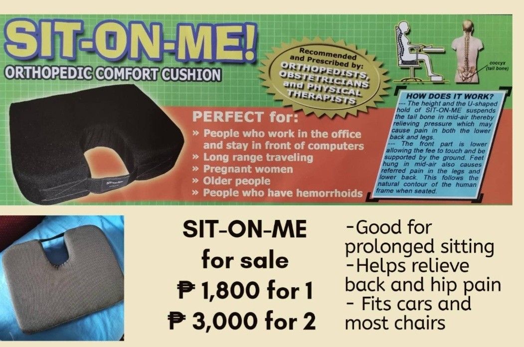 Pillow to help relieve back and leg pain (Category: Other Assistive Aids) located in Quezon City. Submitted by sfrc2021 (Listing ID 1205642827, Image 1). Description: Recommended and prescribed by Orthopeadists, obstetricians and physical therapists, the unique cushion is specially designed to help relieve back and leg pain due to prolonged sitting. - Fits most chairs and cars.