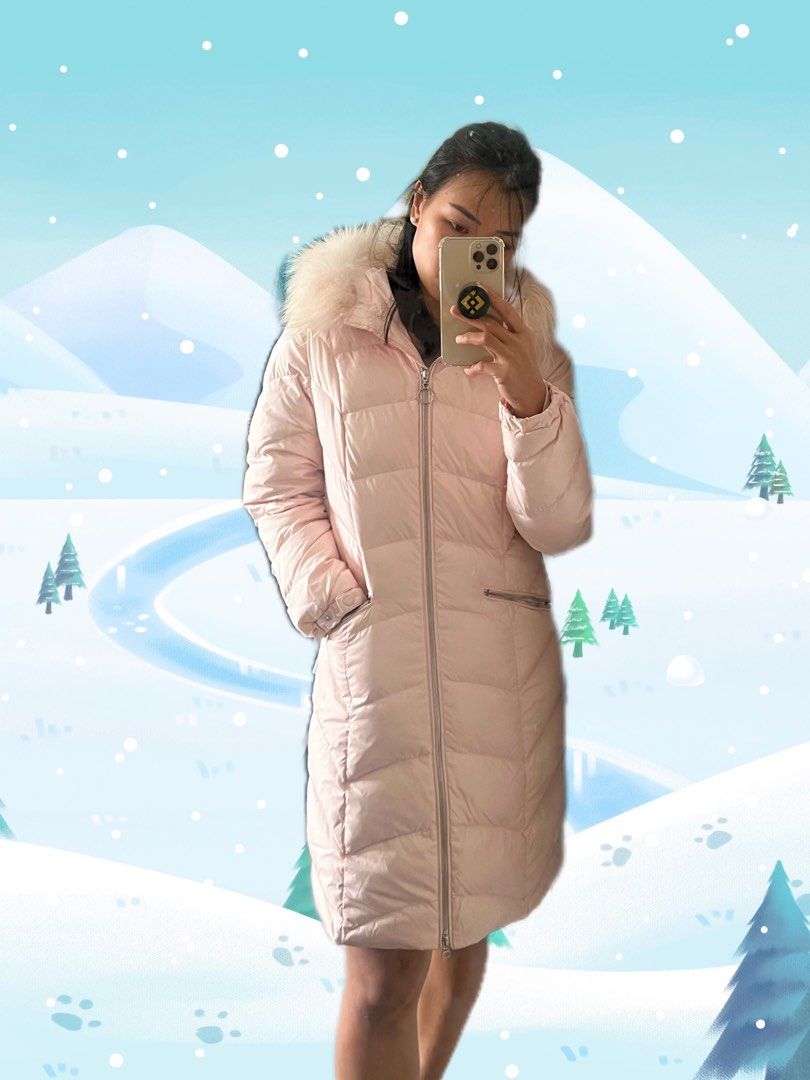 Preloved Pink Down Jacket Down Winter Coat Knee Length Winter Coat