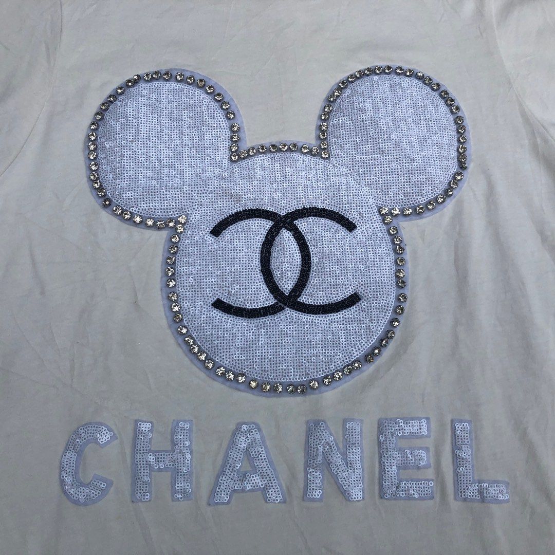 PO CHANEL MICKEY MOUSE PATCHES LOGO LIGHT YELLOW T SHIRT LARGE UNISEX,  Women's Fashion, Tops, Shirts on Carousell