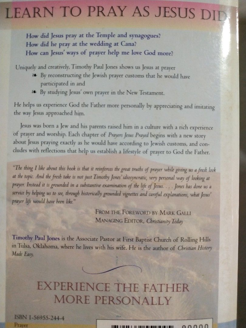 Prayers Jesus Prayed (Category: Religion Books) located in Singapore. Submitted by sassyjitterbug (Listing ID 1205762040, Image 2). Description: Fiction with a religious background A new book but was in storage. A little mildew on the sides Priced to clear. 2 free books given with every 5 books purchased from my listings. Preferably pick up from 762473 or meet at mutually convenient train stations..