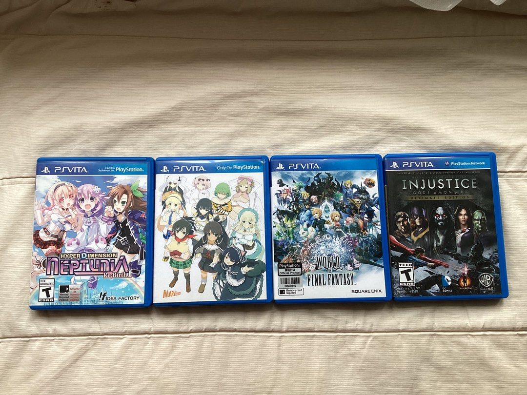 PS VITA GAMES USED (Category: PlayStation) located in Marikina City. Submitted by minionlover34 (Listing ID 1205657955, Image 1). Description: PRICE RANGE Hyper Dimension Neptunia Re:Birth - SOLD Senran Kagura Shinovi Versus (Damaged Back) - SOLD Both For 750 pesos World of Final Fantasy - 500 Injustice - 300 .