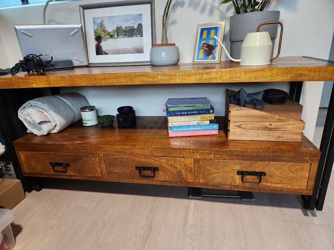 Solid mango wood TV console with wheels, Furniture & Home Living
