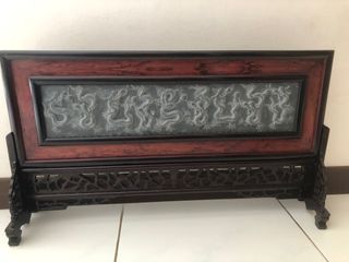 1990s China Nine dragon Stone craft  with wooden display  stand , 90年代九龙戏珠石雕木架摆件（big item :  74cm Lx  43 cmH / base stand 15cmW)