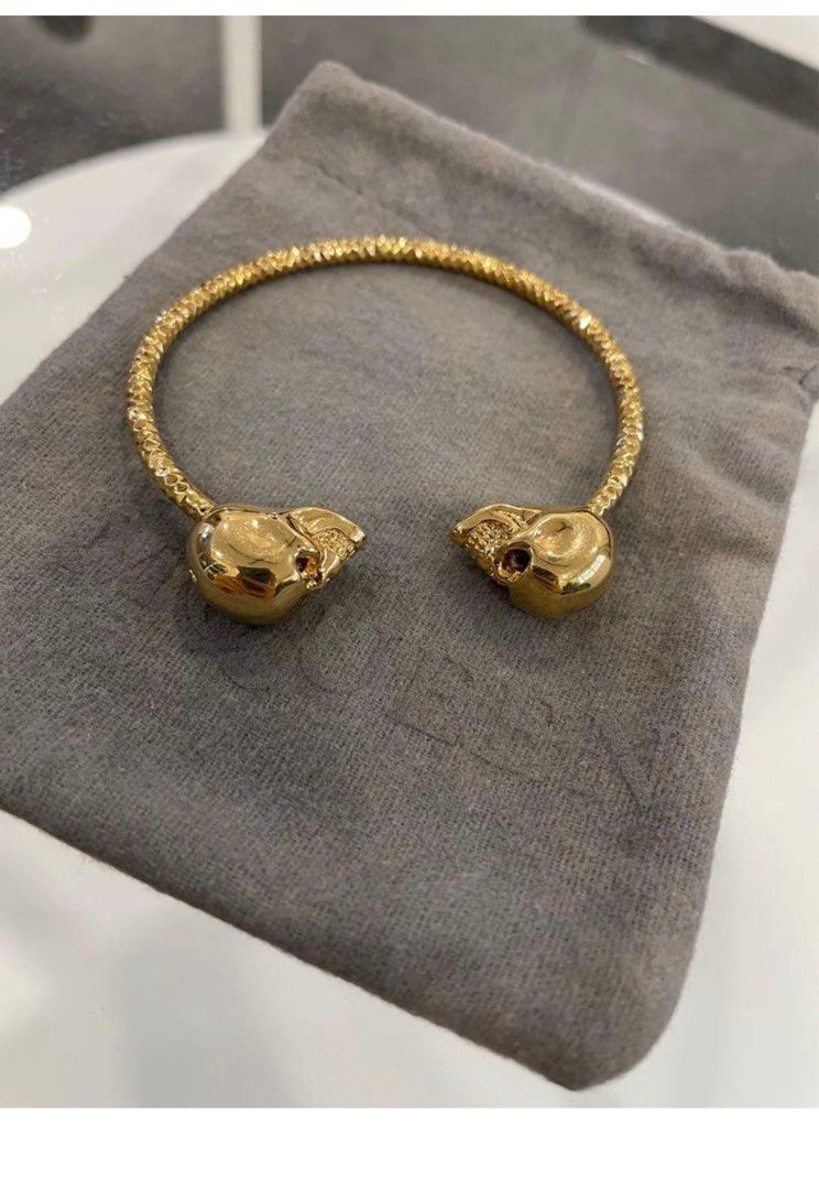Alexander McQueen Gold tone Crystal Twin SkUll Bracelet