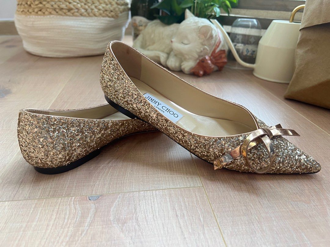 Authentic Jimmy Choo flats gold glitter bow Women s Fashion