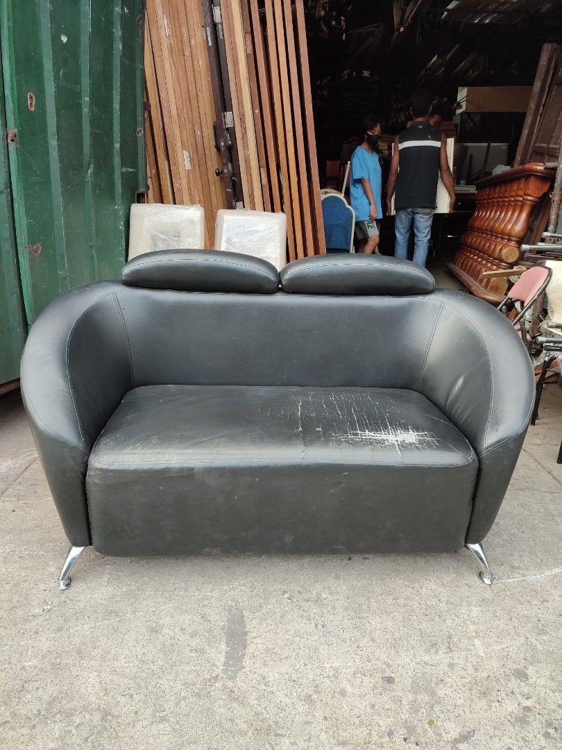 Black Leather Office Sofa (2nd Hand), Furniture & Home Living