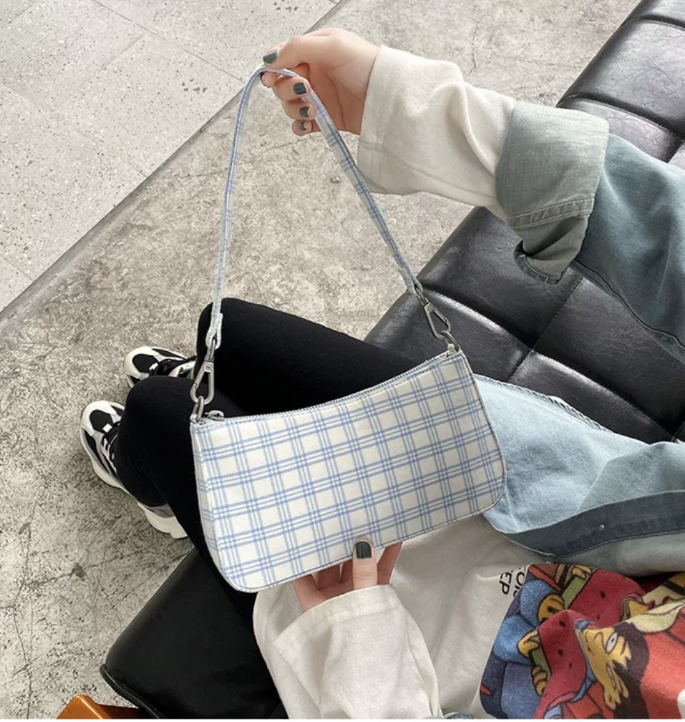 Brandy Melville Blue Checkered Baguette Bag, Women's Fashion, Bags