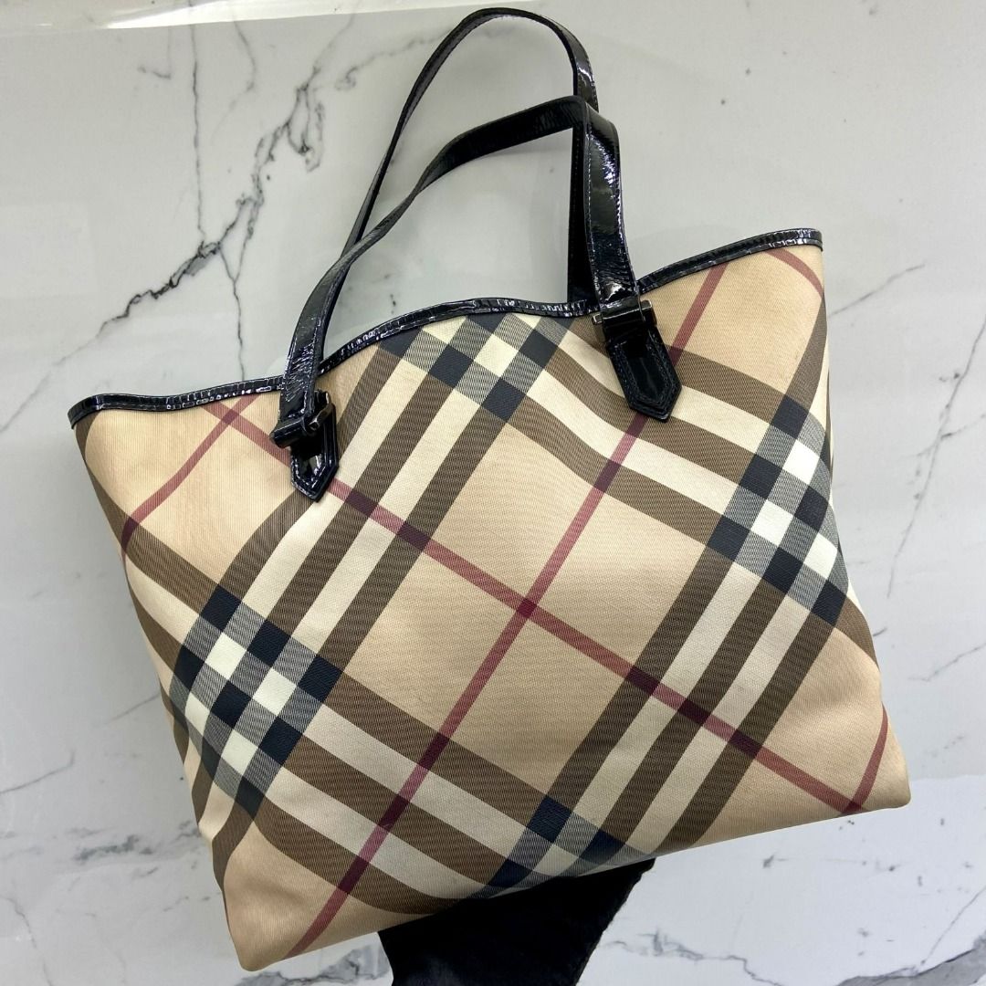 Authentic Burberry Small Tote Bag Party Beige House Check PVC