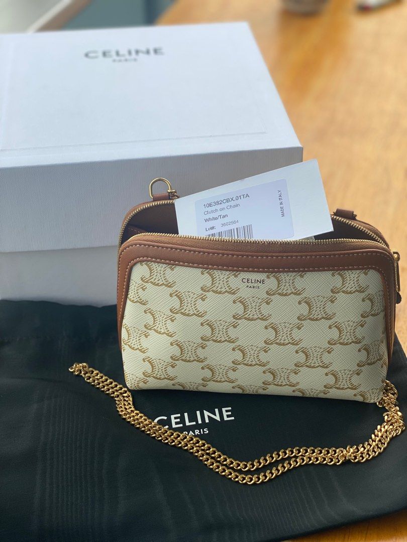 CELINE Lambskin Triomphe Canvas Embroidered Logo Clutch With Chain Tan  1281400