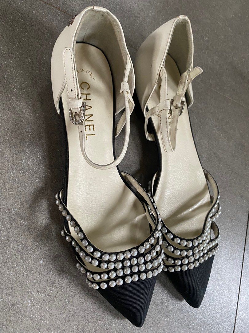 CHANEL Pearl embellished ankle strap flats, Women's Fashion, Footwear,  Sandals on Carousell