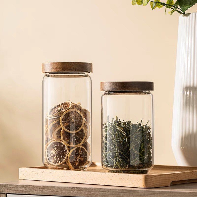 CNY Cookie Jar Glass Jar Food Storage with Wooden Lid, Furniture & Home Living, Kitchenware