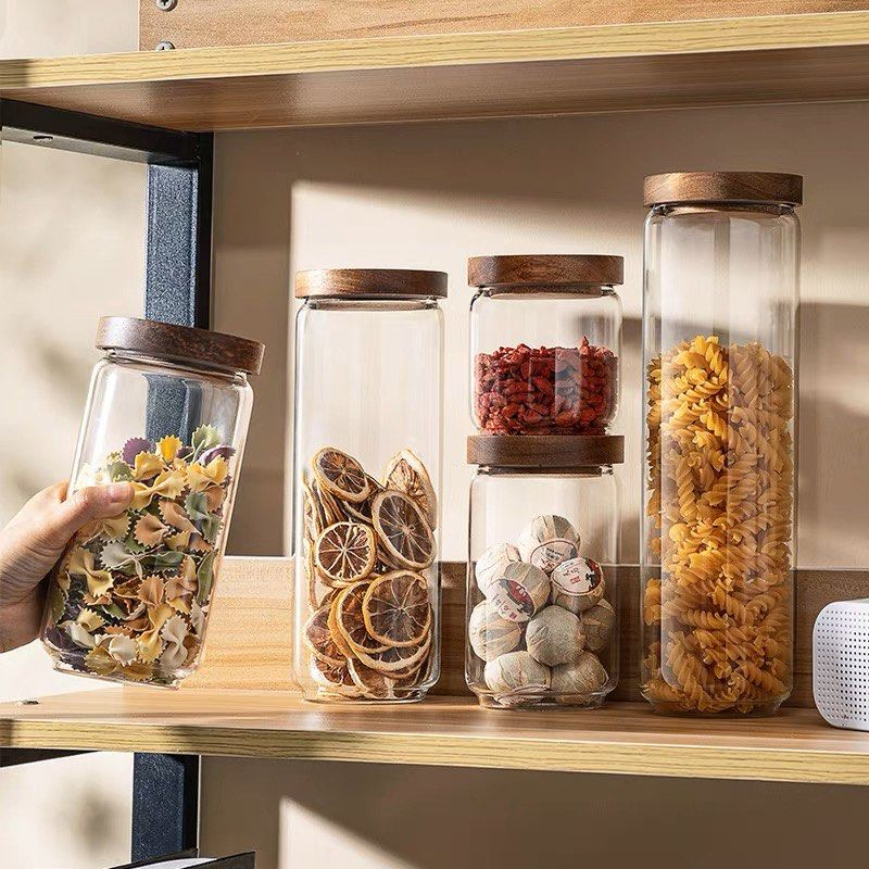 CNY Cookie Jar Glass Jar Food Storage with Wooden Lid, Furniture