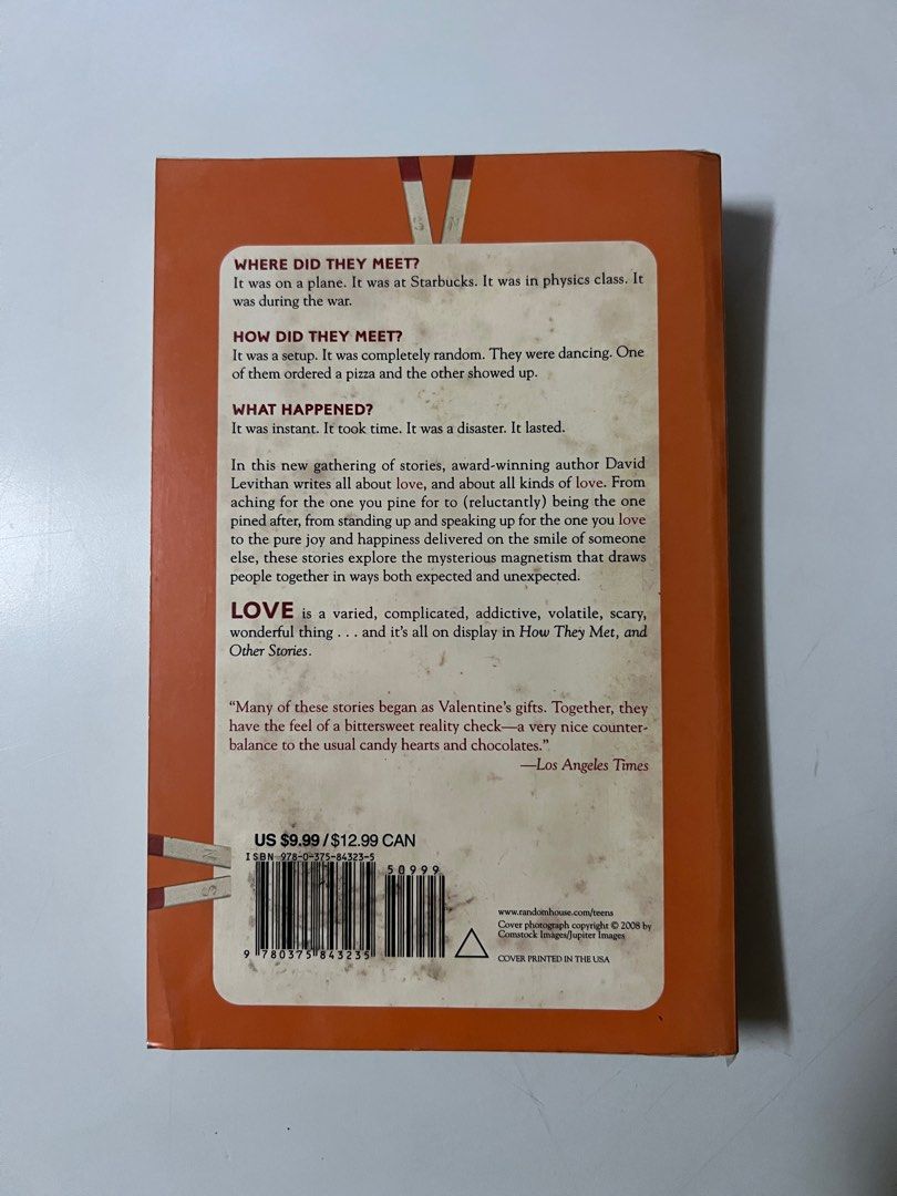 How They Met and Other Stories by David Levithan (Category: Storybooks) located in Cebu City. Submitted by ohnomary (Listing ID 1205970146, Image 2). Description: - condition: 3/5 - plastic-covered - some stains at the back - pm for more photos SF: shouldered by buyer Location: Cebu or Metro Manila MOP: GCash, BPI, BDO.