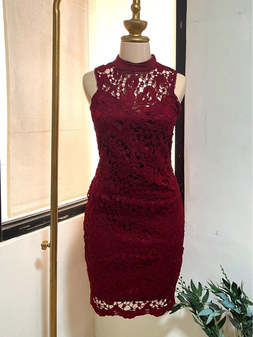 Red maroon Elegant classy semi formal wedding lace collar evening cocktail  bridal dress, Women's Fashion, Dresses & Sets, Evening dresses & gowns on  Carousell